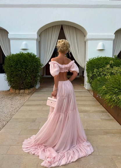 Two Piece Pink A Line Puff Sleeve Chiffon Prom Dress Evening Dress DP6907