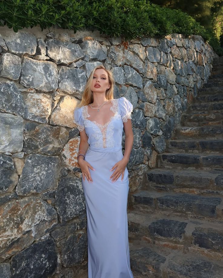 Baby Blue Sheath Puff Sleeve Lace Satin Prom Dress Graduation Prom Dress DP6657