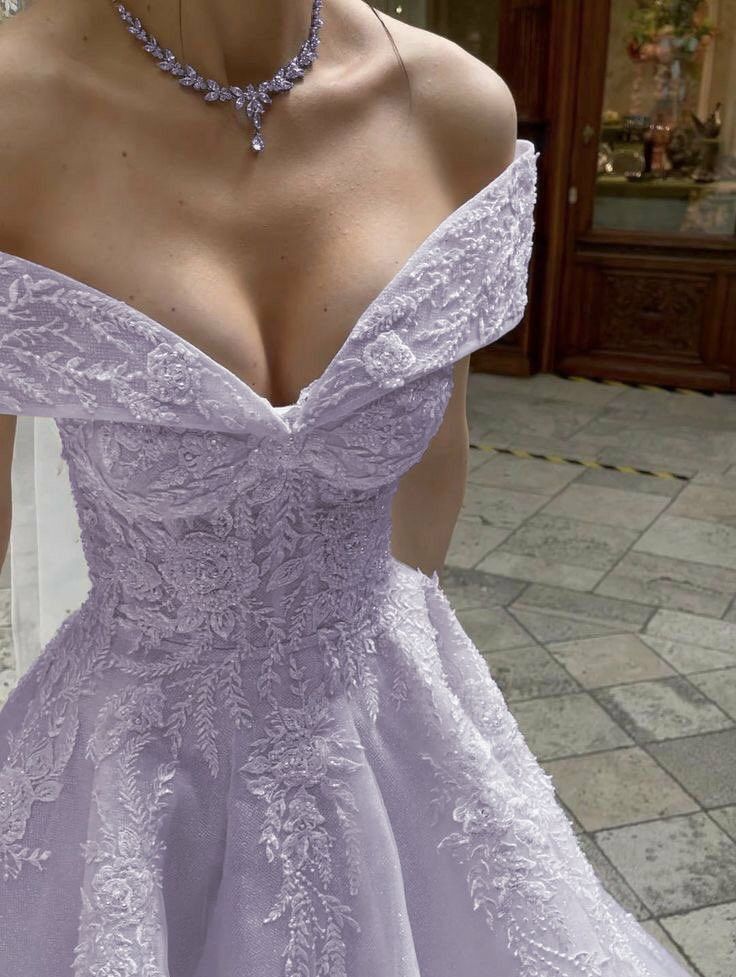 Lilac A Line Off the Shoulder Lace Appliques Tulle Prom Dress Evening Dress DP5772