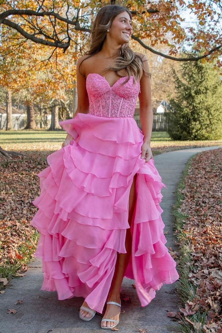 Pink A Line Strapless Layered Tulle Long Prom Dresses DP774