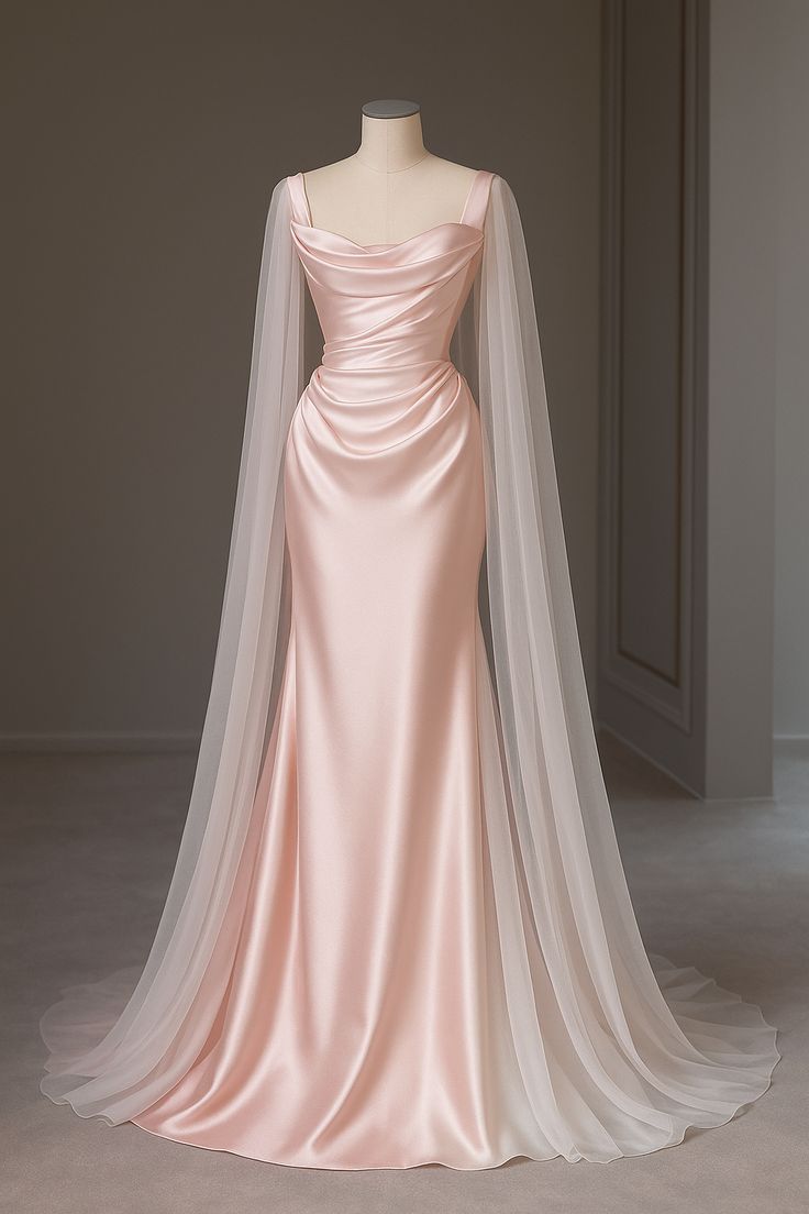 Pink Mermaid Straps Tulle Satin Long Prom Dresses DP4173