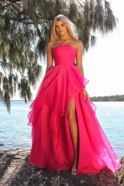 Hot Pink A Line Strapless Organza Slit Prom Dress Evening Dress DP5394