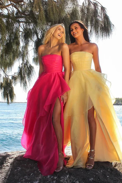 Hot Pink A Line Strapless Organza Slit Prom Dress Evening Dress DP5394