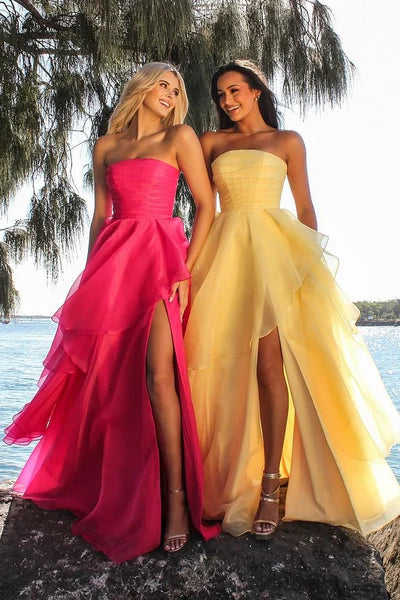 Hot Pink A Line Strapless Organza Slit Prom Dress Evening Dress DP5394