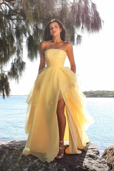 Hot Pink A Line Strapless Organza Slit Prom Dress Evening Dress DP5394