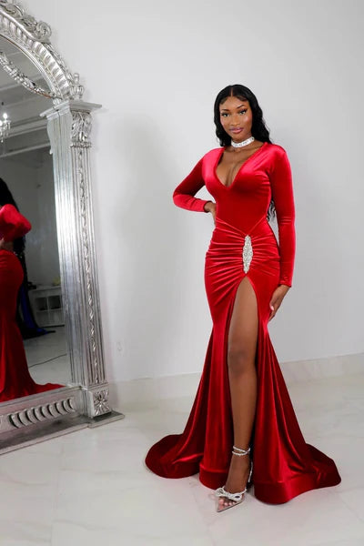 Beautiful Red V-Neck Long Sleeves Mermaid Prom Dresses DP5969