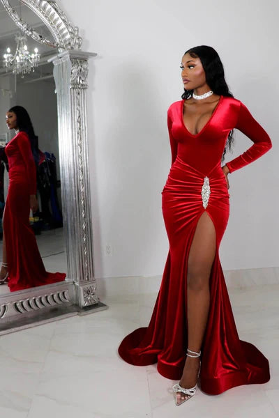 Beautiful Red V-Neck Long Sleeves Mermaid Prom Dresses DP5969
