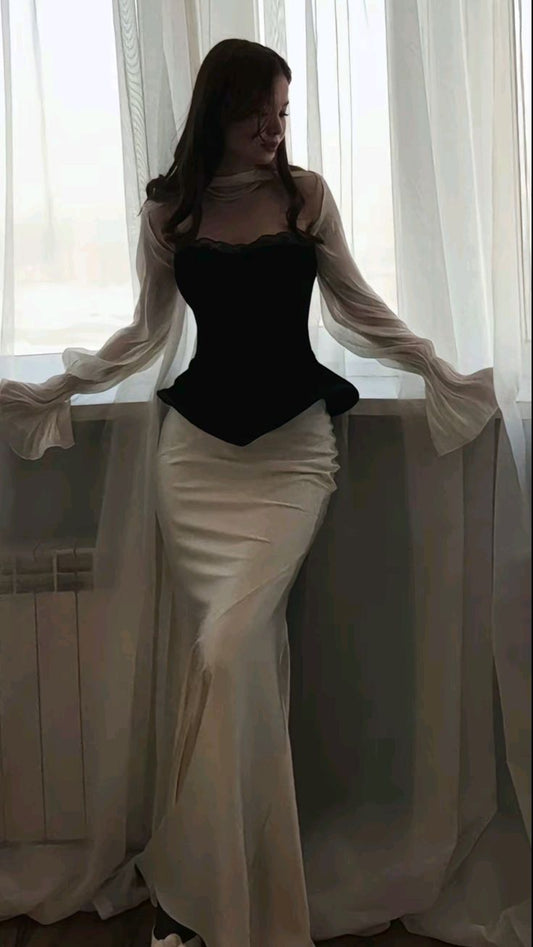 Two Piece Mermaid Chiffon Satin Prom Dress Evening Dress DP7527