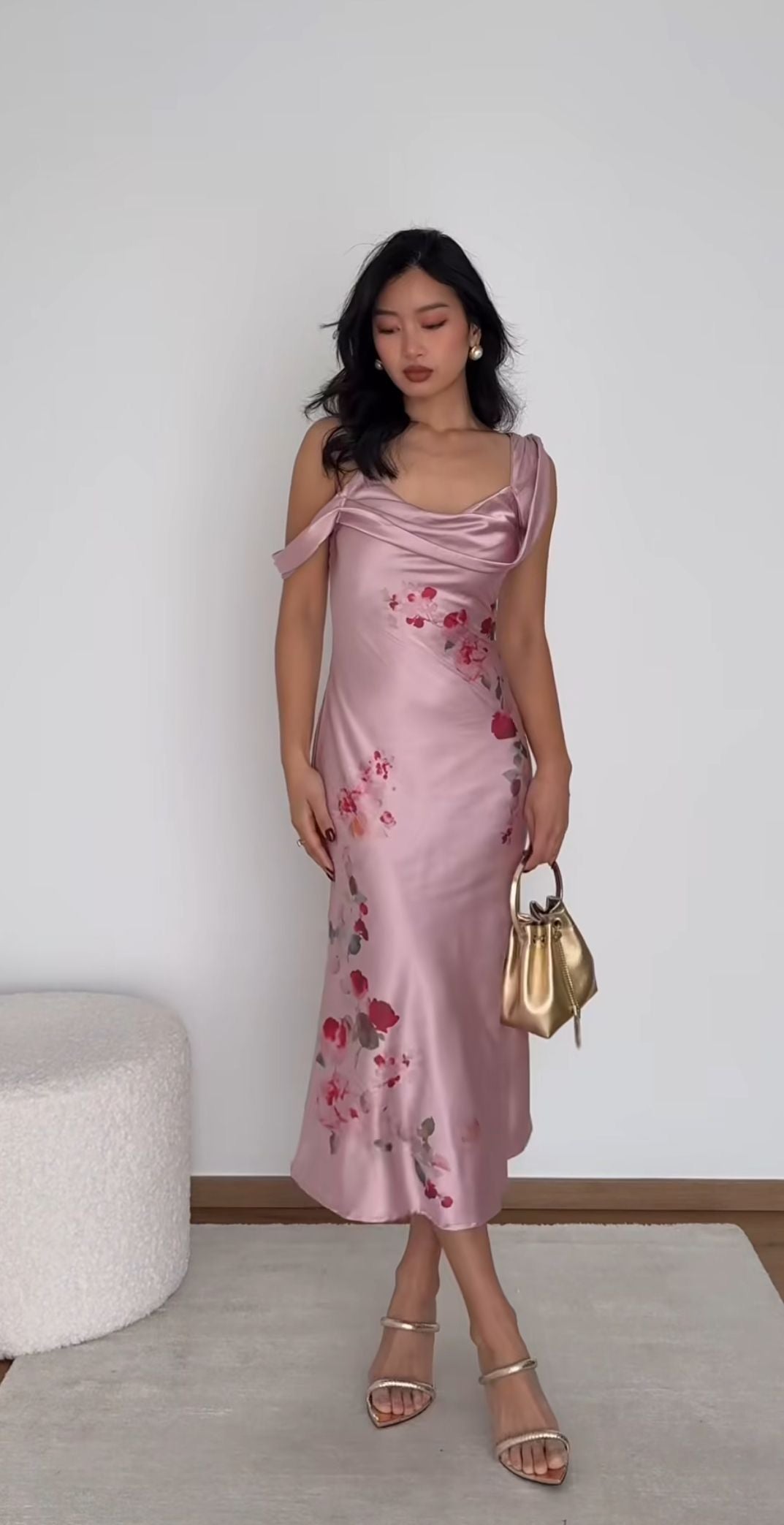 Simple Pink Print Sheath Strap Satin Prom Dress Evening Dress DP7476