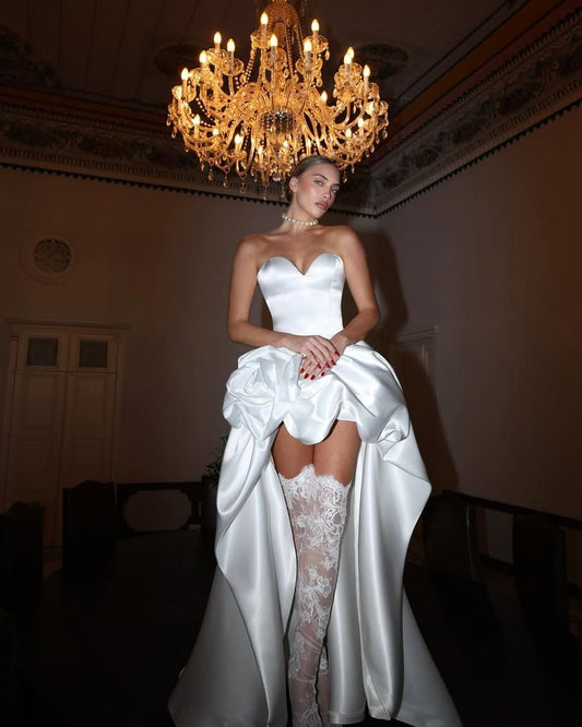 Sweet A Line Sweetheart Neck White Satin Prom Dress Wedding Dress DP3691