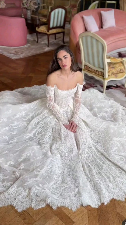 Classic A Line Long Sleeve White Lace Long Sweep Wedding Dress DP4104