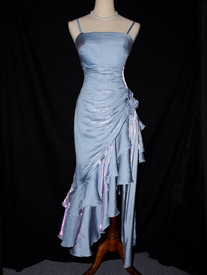 Blue Vintage Floral Spaghetti Strap Satin Prom Dress Asymmetrical Hem Prom Gown DP2034