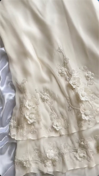 Stunning Mermaid Spaghetti Strap Corset Appliques Ivory Chiffon Prom Dress Evening Dress DP1775