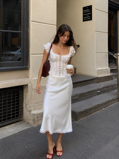 Cute Two Piece A Line Puff Sleeve White Lace Satin Long Prom Dress Date Dress DP7017