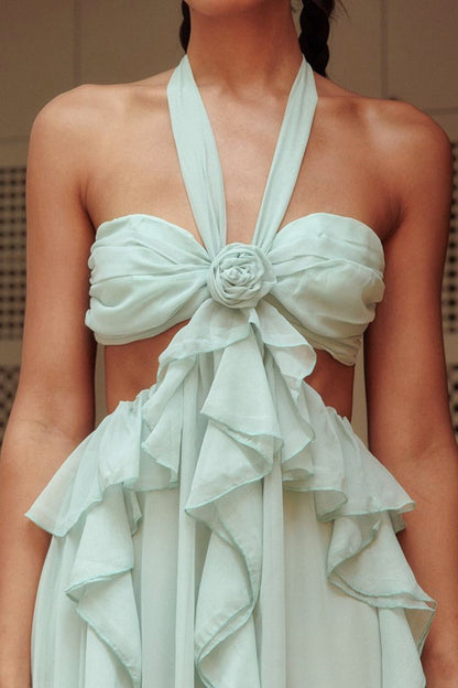 Sexy A Line Halter Ruffle Chiffon Long Prom Dress with Slit With Flowers DP1024