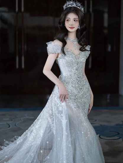 Exquisite Blue Beaded Mermaid Off the Shoulder Tulle Prom Dress Evening Dress DP3034