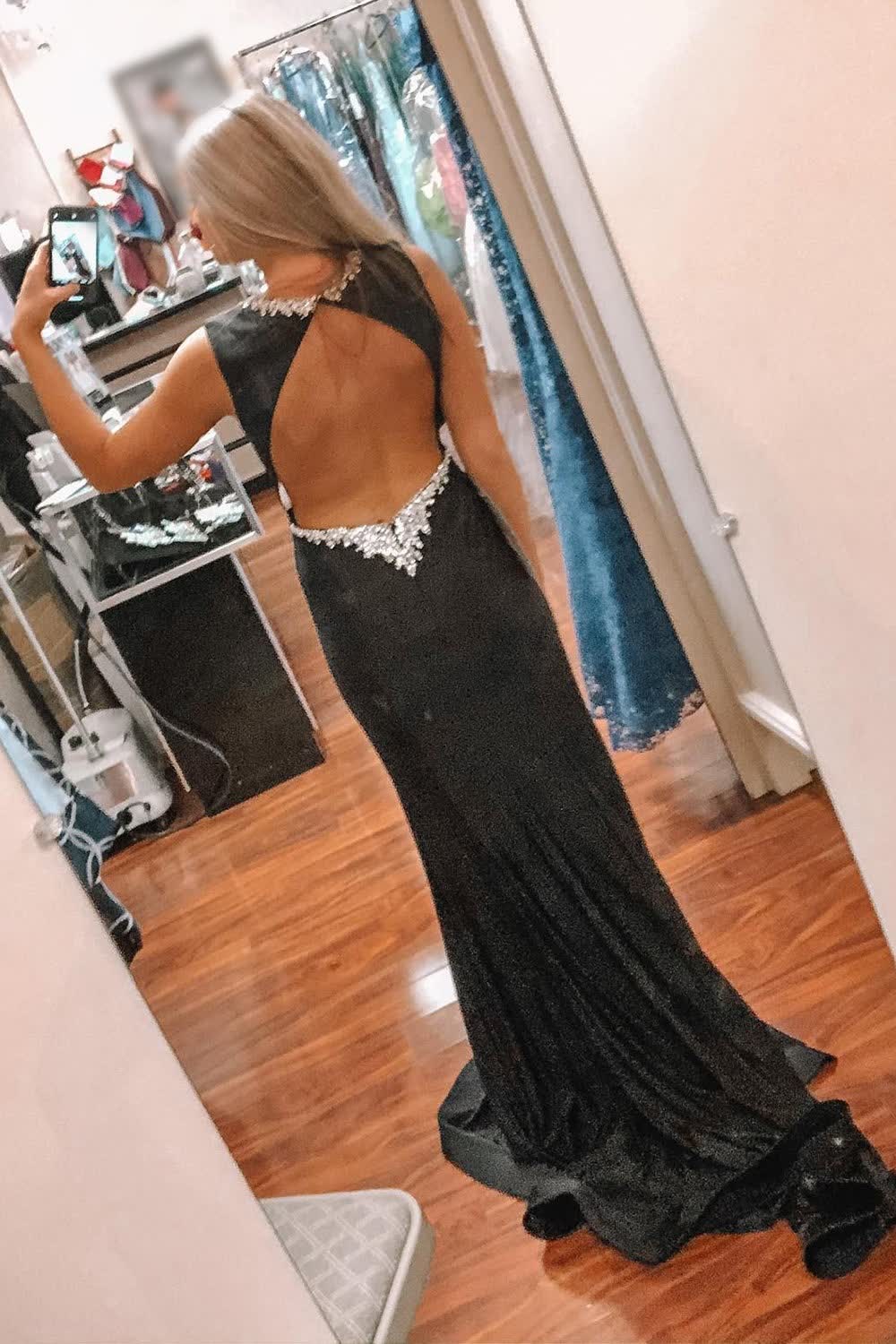 Black Deep V-Neck Mermaid Backless Prom Dress with Slit DP979