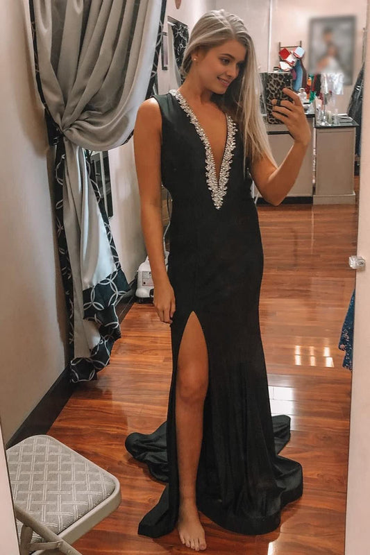 Black Deep V-Neck Mermaid Backless Prom Dress with Slit DP979