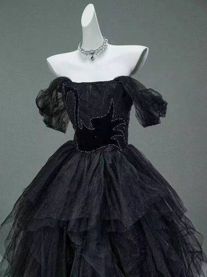 Black A Line Off the Shoulder Tiered Beads Tulle Ball Gown Prom Dress DP1400
