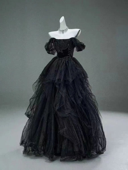 Black A Line Off the Shoulder Tiered Beads Tulle Ball Gown Prom Dress DP1400