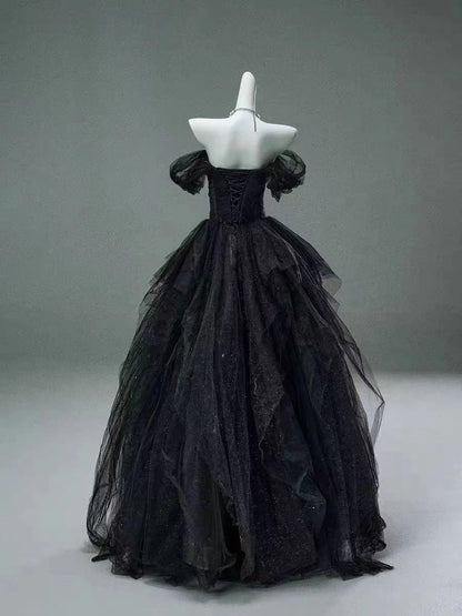Black A Line Off the Shoulder Tiered Beads Tulle Ball Gown Prom Dress DP1400