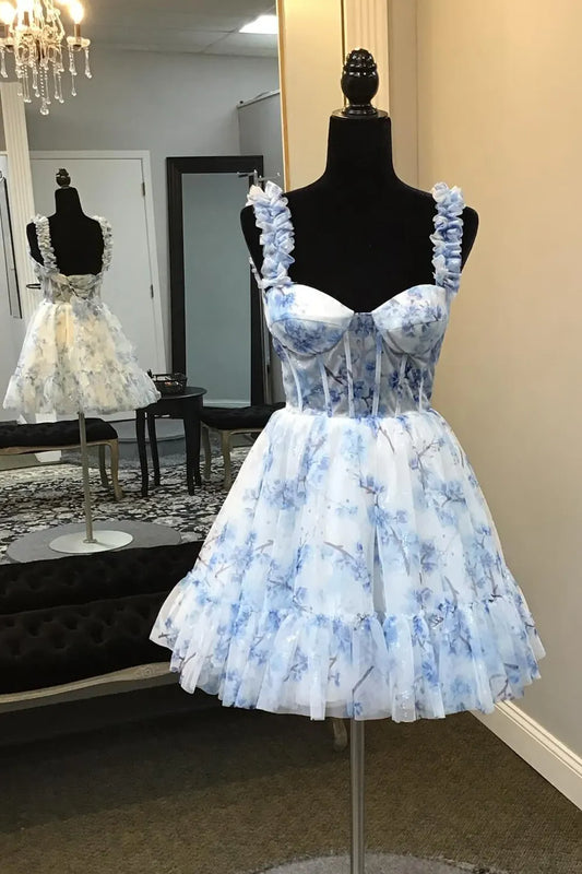 Blue Floral Printed Spaghetti Straps A-Line Short Corset Homecoming Dress DP1036