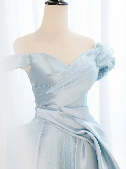 Elegant A Line Off the Shoulder Light Blue Satin Long Prom Dress Formal Dress DP1054
