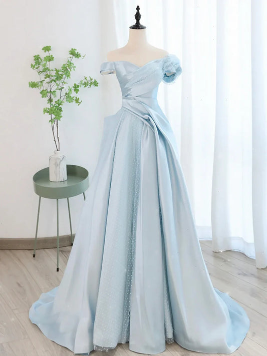 Elegant A Line Off the Shoulder Light Blue Satin Long Prom Dress Formal Dress DP1054