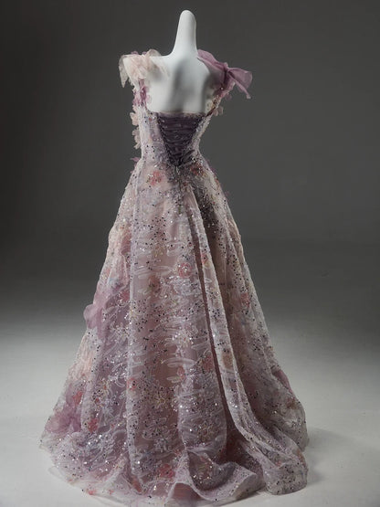 Pink A Line Spaghetti Strap Floral Sequins Tulle Evening Dress Prom Dress DP939