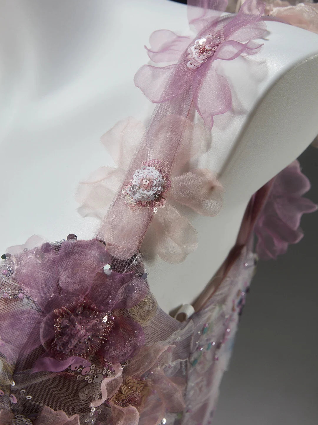 Pink A Line Spaghetti Strap Floral Sequins Tulle Evening Dress Prom Dress DP939