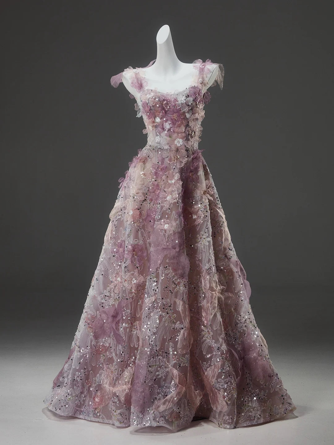 Pink A Line Spaghetti Strap Floral Sequins Tulle Evening Dress Prom Dress DP939