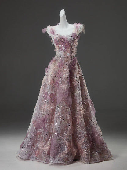 Pink A Line Spaghetti Strap Floral Sequins Tulle Evening Dress Prom Dress DP939