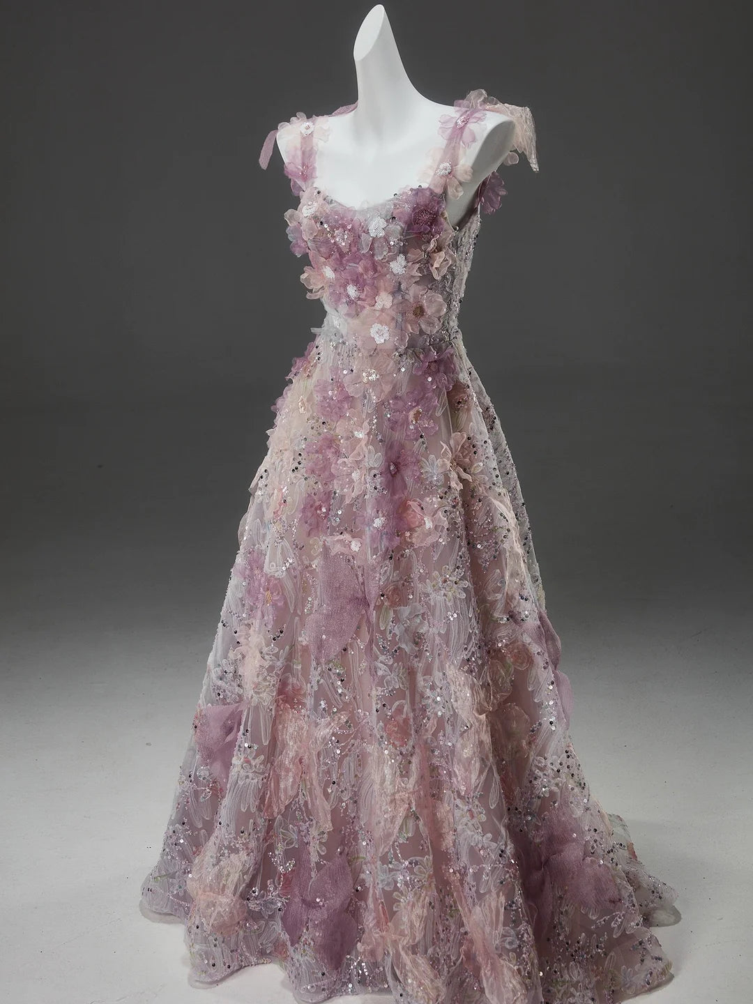 Pink A Line Spaghetti Strap Floral Sequins Tulle Evening Dress Prom Dress DP939