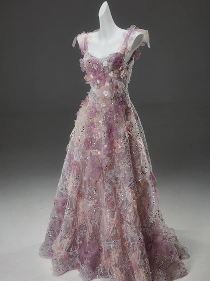 Pink A Line Spaghetti Strap Floral Sequins Tulle Evening Dress Prom Dress DP939