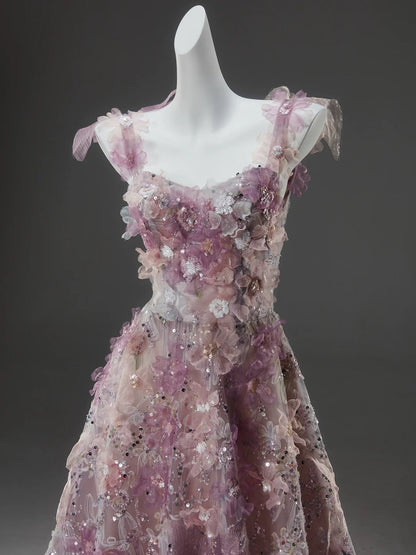 Pink A Line Spaghetti Strap Floral Sequins Tulle Evening Dress Prom Dress DP939
