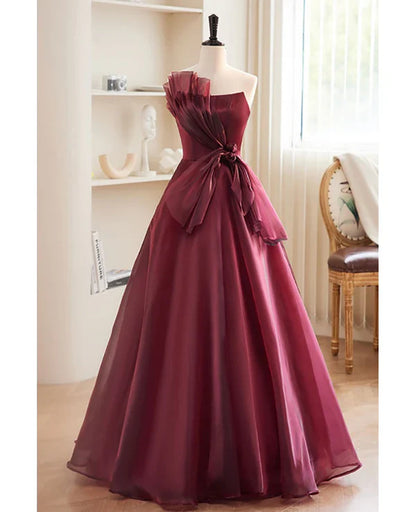 Burgundy A Line Strapless Tulle Long Prom Dress Evening Dress DP1133