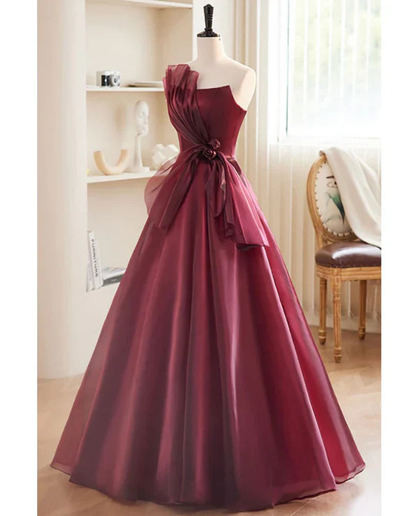 Burgundy A Line Strapless Tulle Long Prom Dress Evening Dress DP1133