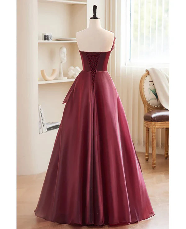 Burgundy A Line Strapless Tulle Long Prom Dress Evening Dress DP1133