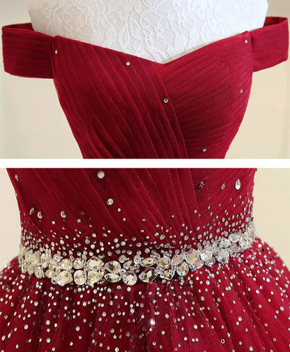 Burgundy Tulle Off Shoulder Long Prom Dress, Burgundy Evening Dress DP3368