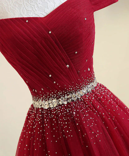 Burgundy Tulle Off Shoulder Long Prom Dress, Burgundy Evening Dress DP3368