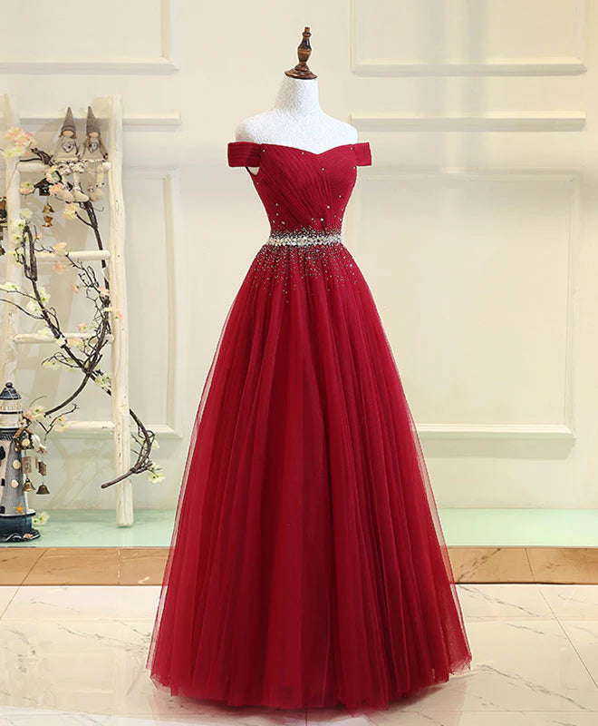 Burgundy Tulle Off Shoulder Long Prom Dress, Burgundy Evening Dress DP3368