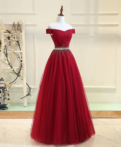 Burgundy Tulle Off Shoulder Long Prom Dress, Burgundy Evening Dress DP3368