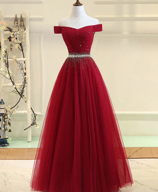 Burgundy Tulle Off Shoulder Long Prom Dress, Burgundy Evening Dress DP3368