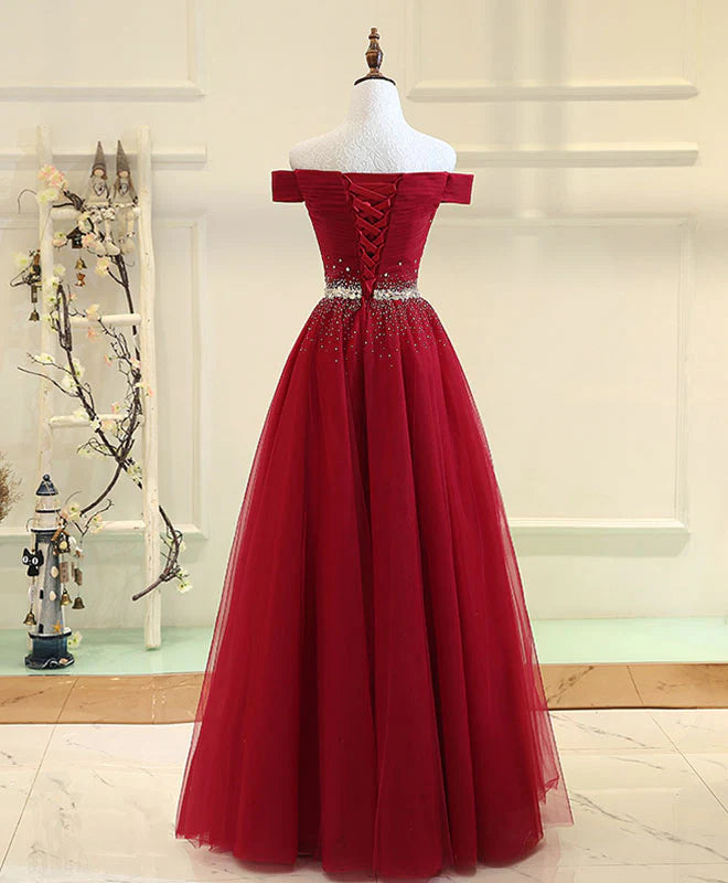 Burgundy Tulle Off Shoulder Long Prom Dress, Burgundy Evening Dress DP3368