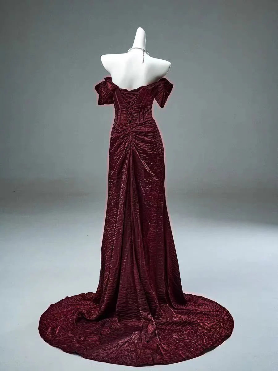 Burgundy Mermaid Off the Shoulder Velvet Long Prom Dress Evening Dress DP1332