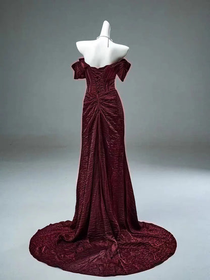 Burgundy Mermaid Off the Shoulder Velvet Long Prom Dress Evening Dress DP1332
