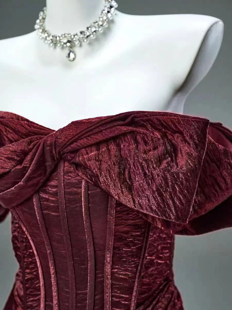 Burgundy Mermaid Off the Shoulder Velvet Long Prom Dress Evening Dress DP1332