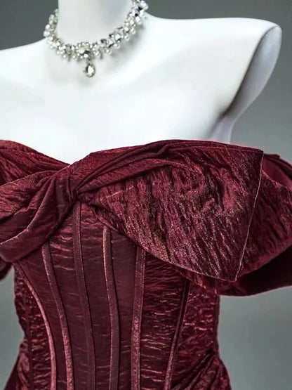 Burgundy Mermaid Off the Shoulder Velvet Long Prom Dress Evening Dress DP1332
