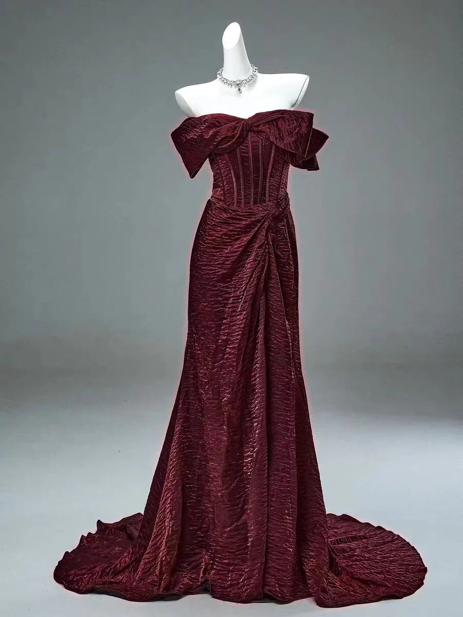 Burgundy Mermaid Off the Shoulder Velvet Long Prom Dress Evening Dress DP1332