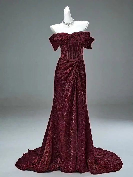 Burgundy Mermaid Off the Shoulder Velvet Long Prom Dress Evening Dress DP1332